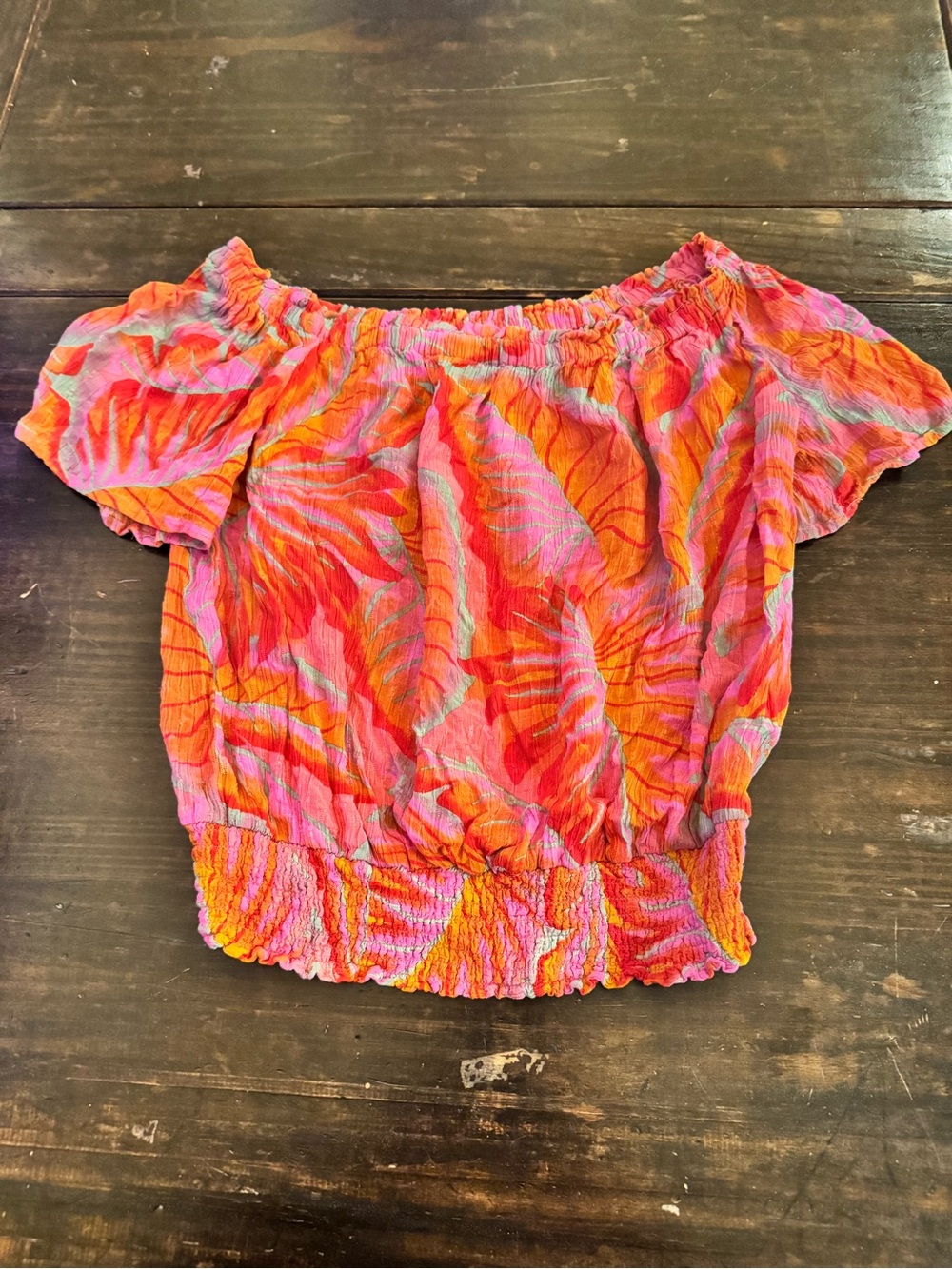 Cynthia Rowley Pink & Orange Off-Shoulder Smocked Crop Top